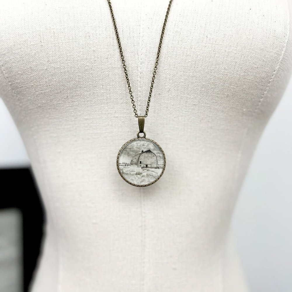 Country Life Barn Landscape Necklace / Handmade Wearable Art Pendant - Picture 5 of 11